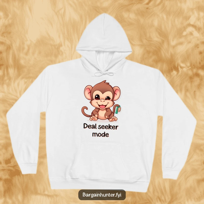 Funny Monkey Hoodie: Cheeky primate with determined face reaching for the lowest priced item, soft and warm for humor lovers.