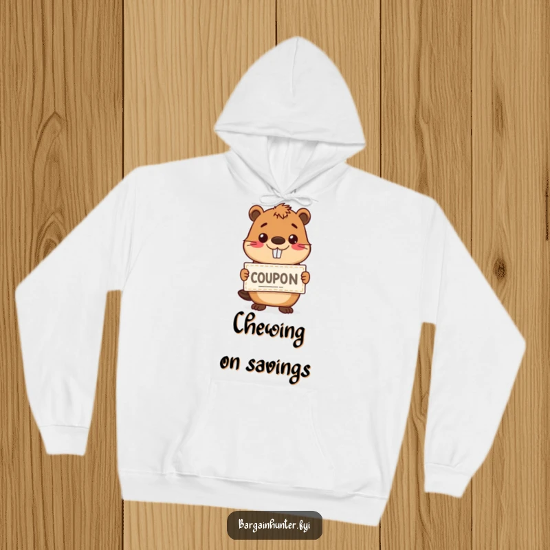 Funny happy beaver holding a coupon with a grin, printed on a soft hoodie for warm, humorous comfort.