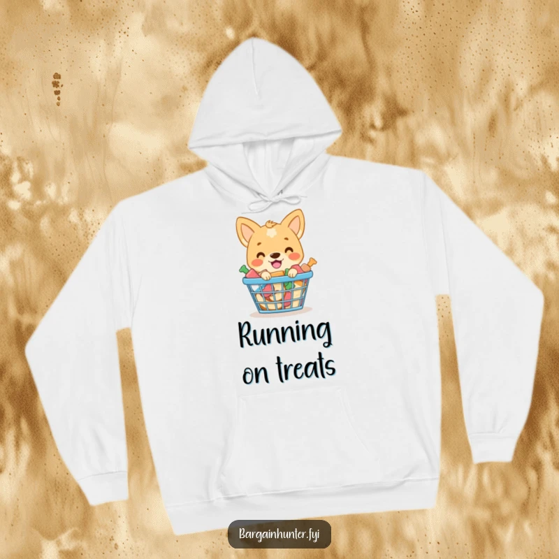 Funny hoodie showcasing a smiling dog with a shopping basket overflowing with delicious dog treats.