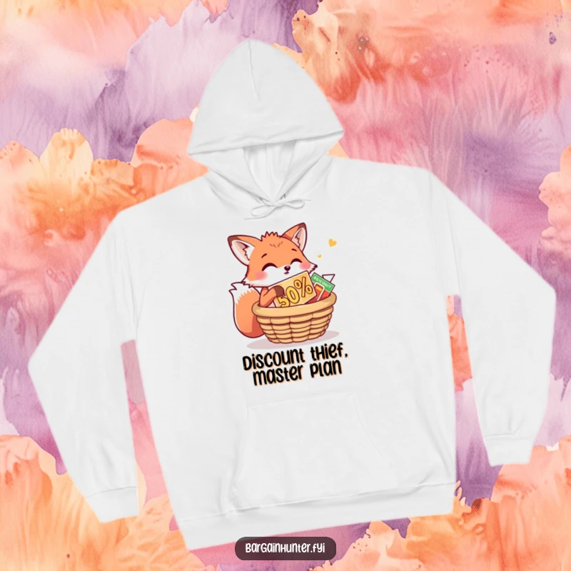 Funny Fox Hoodie: A playful fox is stuffing a huge discount into a basket. Comfortable and humorous apparel for clever bargain hunters.