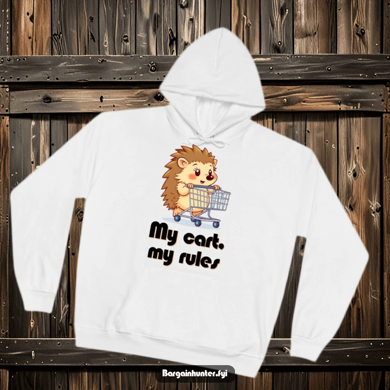 Funny hedgehog pushing a large shopping cart, determined, cozy hoodie design, great for sale shoppers.