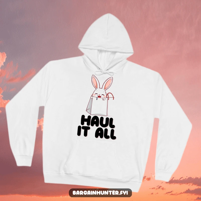 Funny joyful rabbit peeking out from a giant shopping bag, a cozy hoodie for cute and warm feelings.