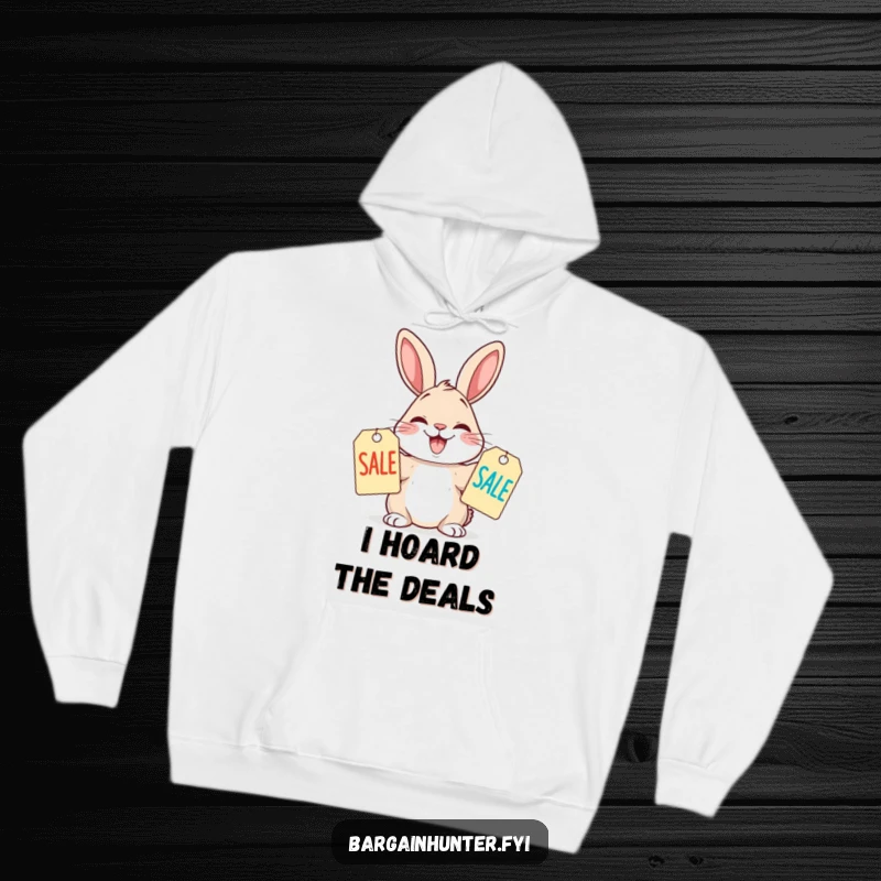 Funny Hoodie showcasing a rabbit comparing sale tags with a wide grin, expressing joy over shopping discounts.