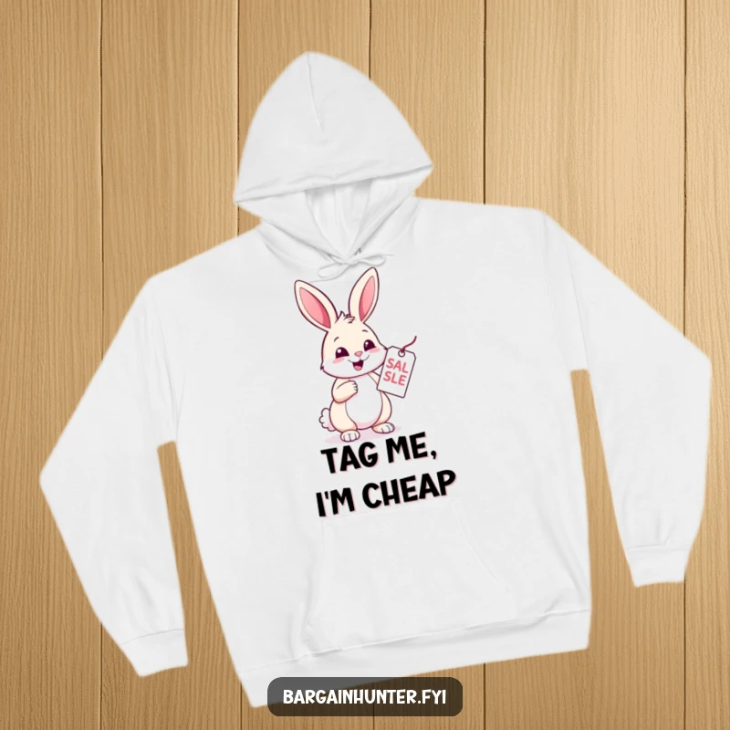 Funny Rabbit Hoodie: A cheerful rabbit happily examines a sale tag, embodying discount joy. Comfortable and humorous apparel for bargain hunters.