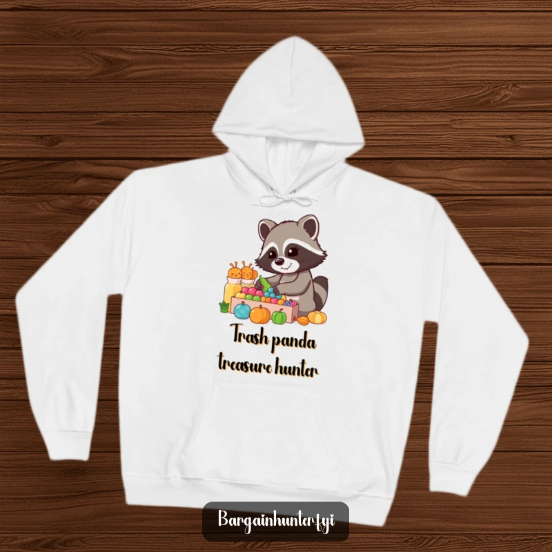 Funny Raccoon Collector Hoodie: A cheerful raccoon is engrossed in sorting a colorful display, looking content.