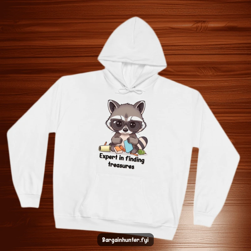 Funny hoodie depicting a curious raccoon with oversized glasses, caught in the act of sifting through items, radiating humor and warmth.