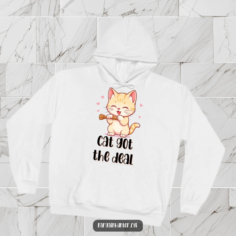Funny Sweet Kitten Hoodie featuring a kitten batting at a dangling discount price, offering cozy comfort and feline humor.