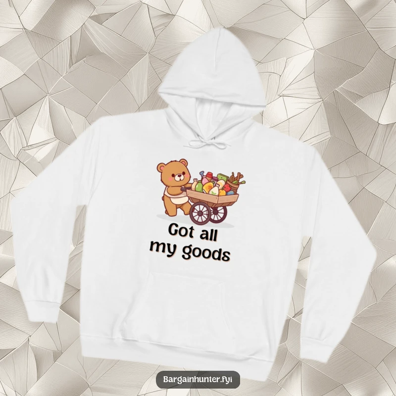 Funny hoodie: a happy bear proudly pushes a cart overflowing with various items.