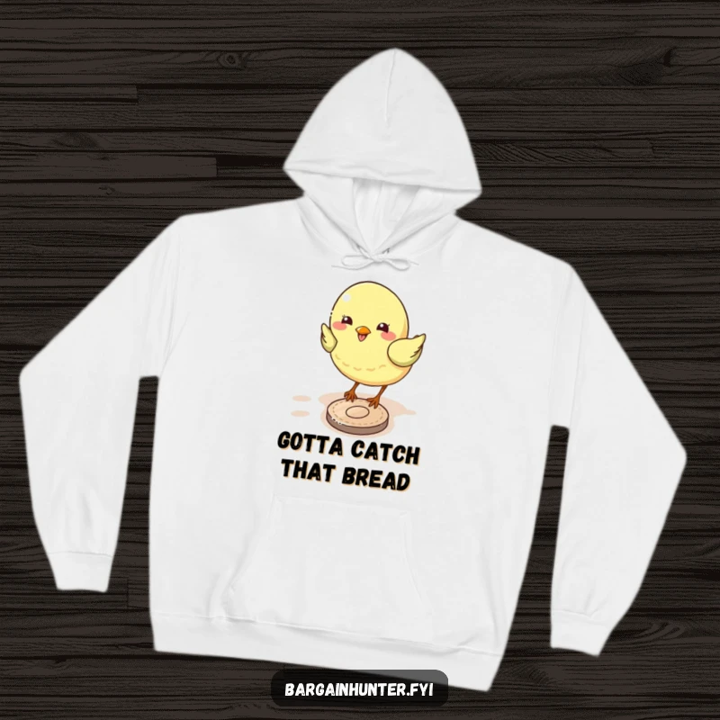 Funny bird hoodie design showing a happy bird focused on pecking a valuable coin, radiating warmth and a sense of fortune.