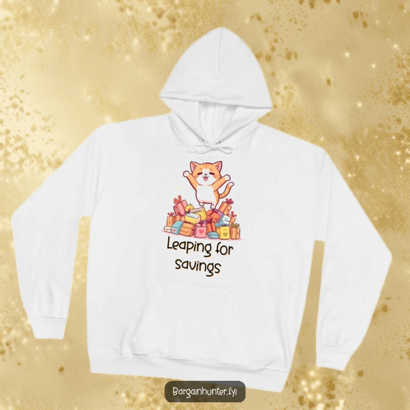 Funny cat leaping over sale items, offering warmth and humor for casual wear.