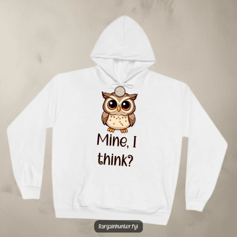 Funny surprised owl with large eyes finding a penny on a hoodie, ideal for cozying up with a humorous touch.