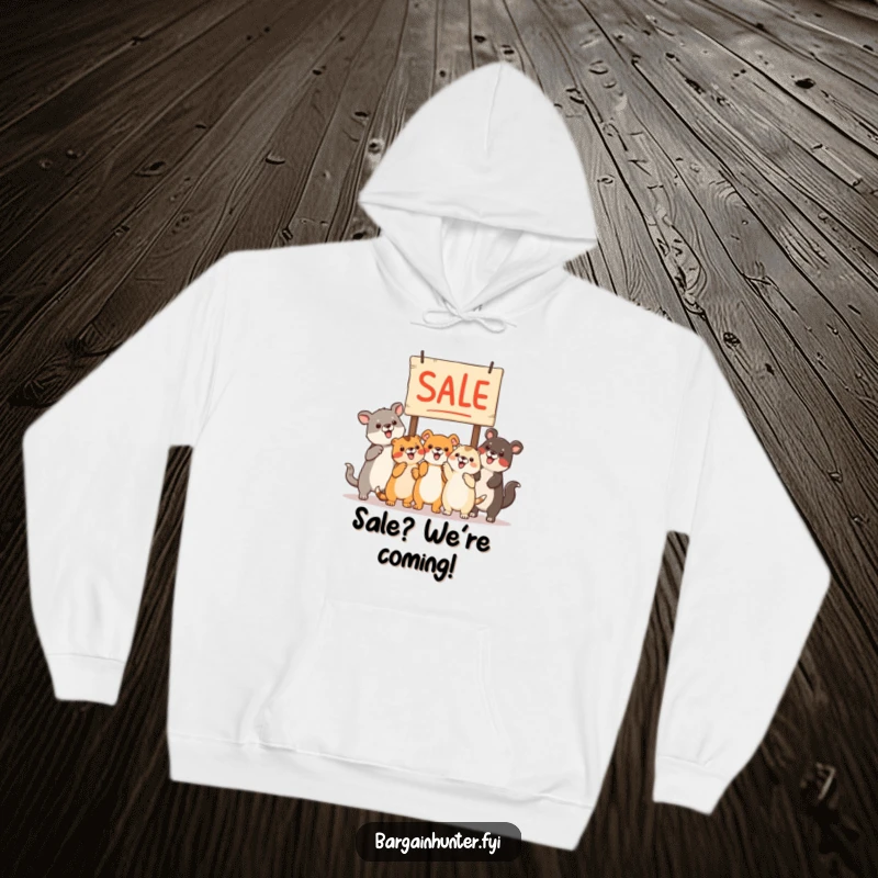 Funny group of animals pointing with delight at a sale sign, comfortable hoodie perfect for shoppers.
