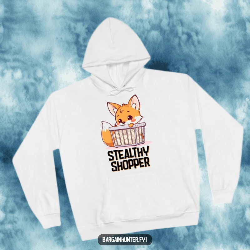 A curious, funny fox peering into a bargain bin, featured on a comfortable and funny hoodie.