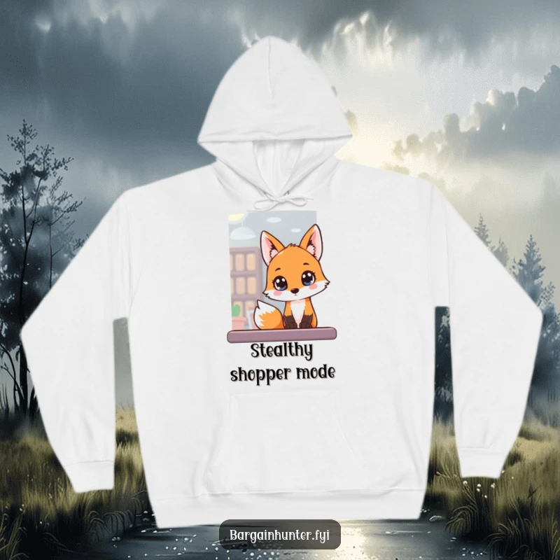 Funny Hoodie featuring a fox with wide, eager eyes peering into a shop window, full of intrigue.