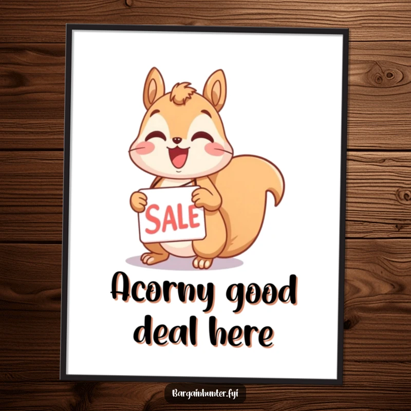 Funny free printable wall art, a stylized squirrel with a wide grin holding a prominent sale tag, radiating excitement.