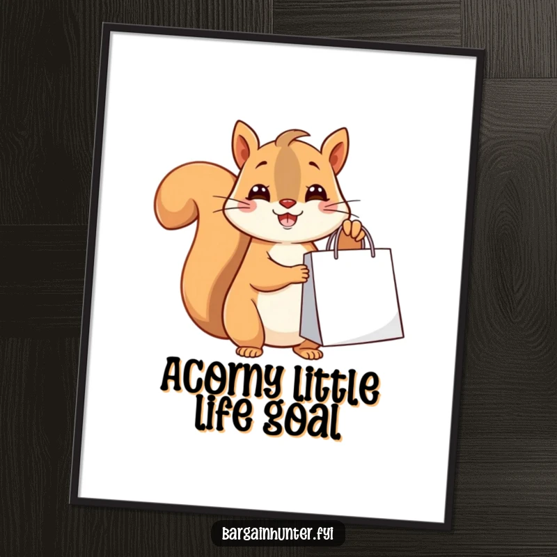Funny Free Printable Wall Art: A happy squirrel holds a shopping bag, looking pleased with its finds.