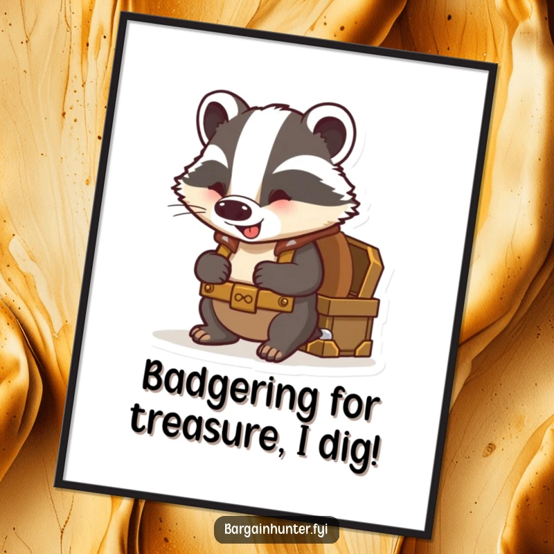 Funny Free Printable Wall Art: Curious badger wearing a backpack excitedly peers into an overflowing treasure chest.