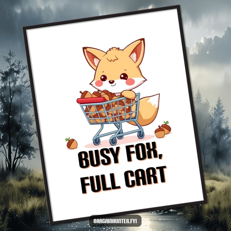 Funny Free Printable Wall Art: A cheerful fox proudly pushes a shopping cart overflowing with acorns.