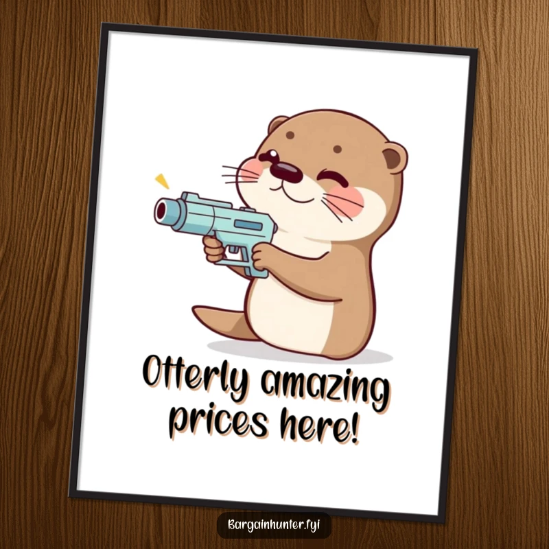 Funny Free Printable Otter Wall Art: Giggling otter holding a tiny price gun, ready to price your decor.