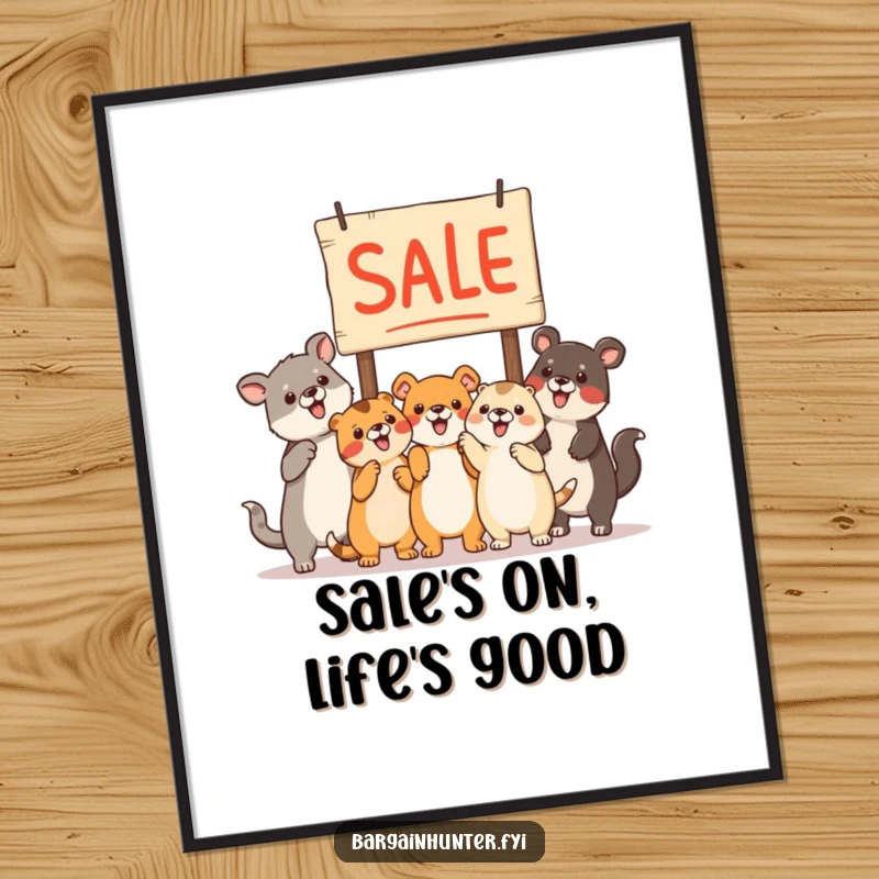 Funny Free Printable Wall Art: Group of animals excitedly pointing at a sale sign, humorous illustration, quirky downloadable art.