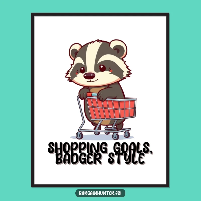 Free Printable Wall Art: Determined Badger Shopping Trolley - Funny Downloadable Decor