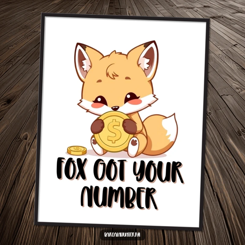 Funny Free Printable Wall Art: A mischievous fox cub holding a shiny coin, playfully hiding it from view.