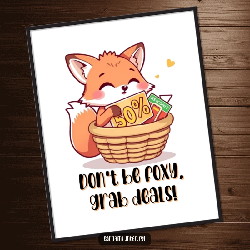 Funny Free Printable Wall Art: A playful fox is shown stuffing a huge discount into a basket with glee.