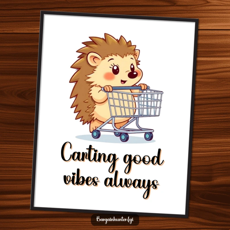 Funny Free Printable Wall Art: Determined hedgehog with giant shopping cart, humorous illustration, quirky downloadable home decor.