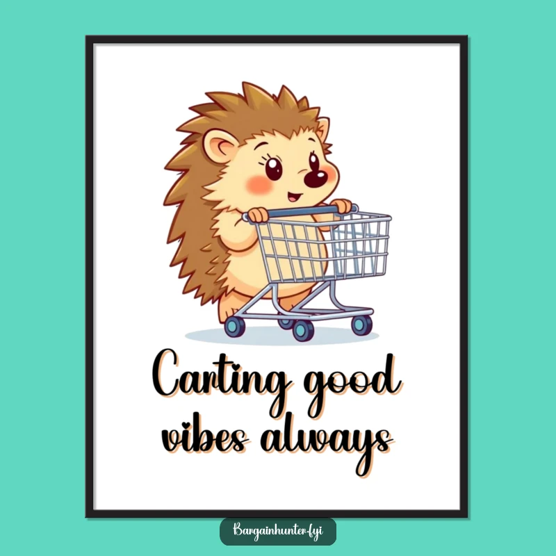 Free Printable Wall Art: Funny Hedgehog Shopping Cart, Humorous Downloadable Decor