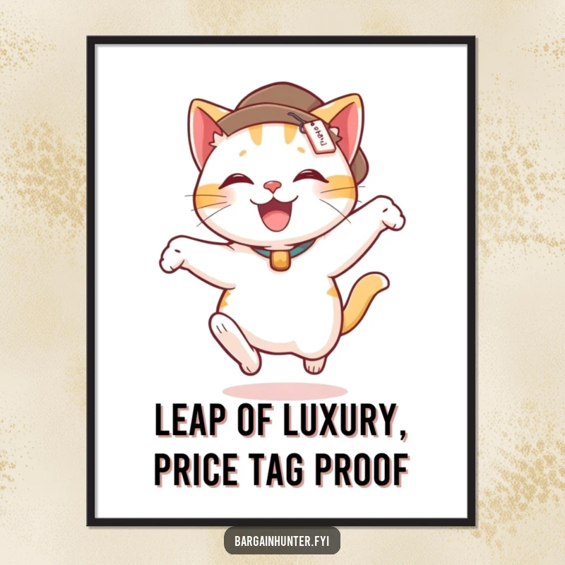 Funny Free Printable Wall Art: A delighted cat wearing a price-tagged hat performs an energetic leap, humorous downloadable decor.
