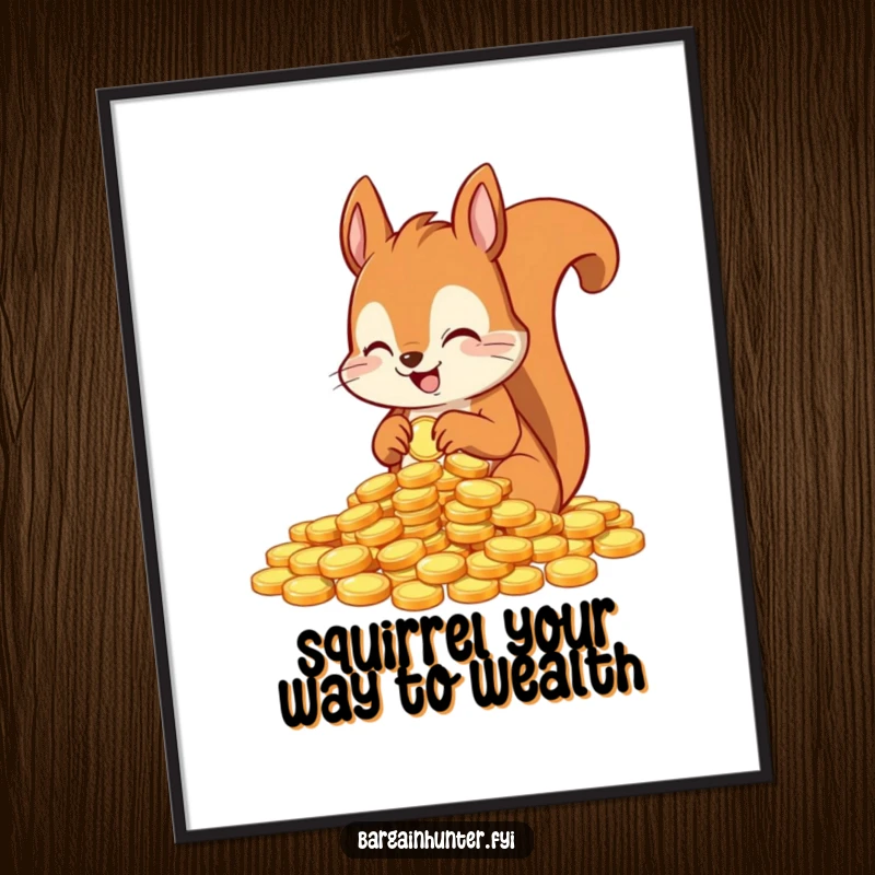 Funny free printable wall art of an excited squirrel character counting a large pile of shiny coins, a humorous take on wealth.