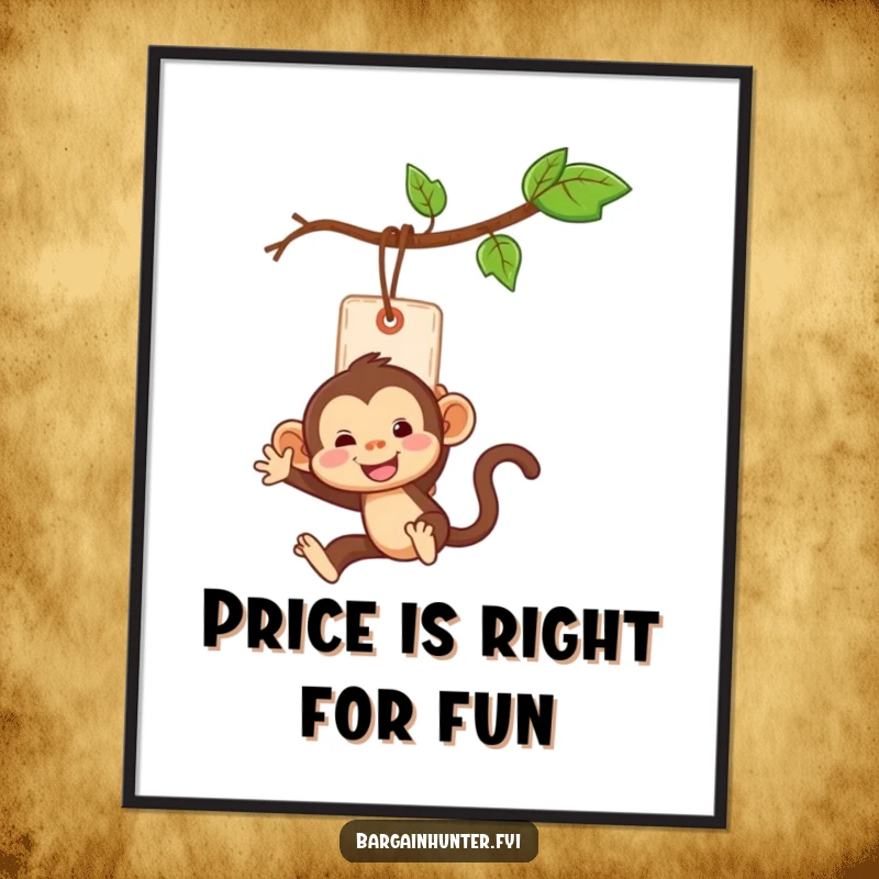 Funny Free Printable Wall Art: Playful monkey swinging from a price tag like a vine, humorous illustration, quirky downloadable art.