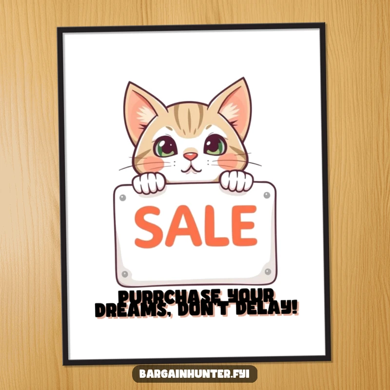 Funny Free Printable Wall Art: A curious cat with big eyes peeking from behind a vibrant sale sign, adding humor to any room.
