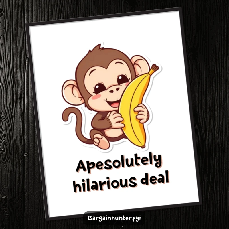 Funny free printable wall art, a chimpanzee character attempting to trade for a banana, with a comical expression.