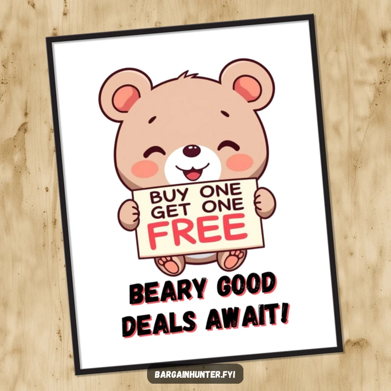 Funny Free Printable Wall Art: A smiling bear enthusiastically holding a 'Buy One Get One Free' sign, a humorous piece!