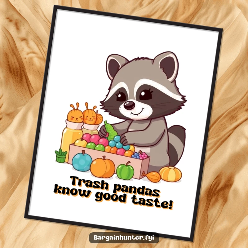 Funny Free Printable Wall Art: An amused raccoon carefully sorting items in a bright and colorful display.