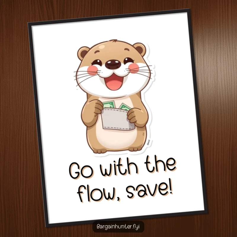 Funny Free Printable Wall Art: A delighted otter proudly shows off its pocket change with a happy expression.