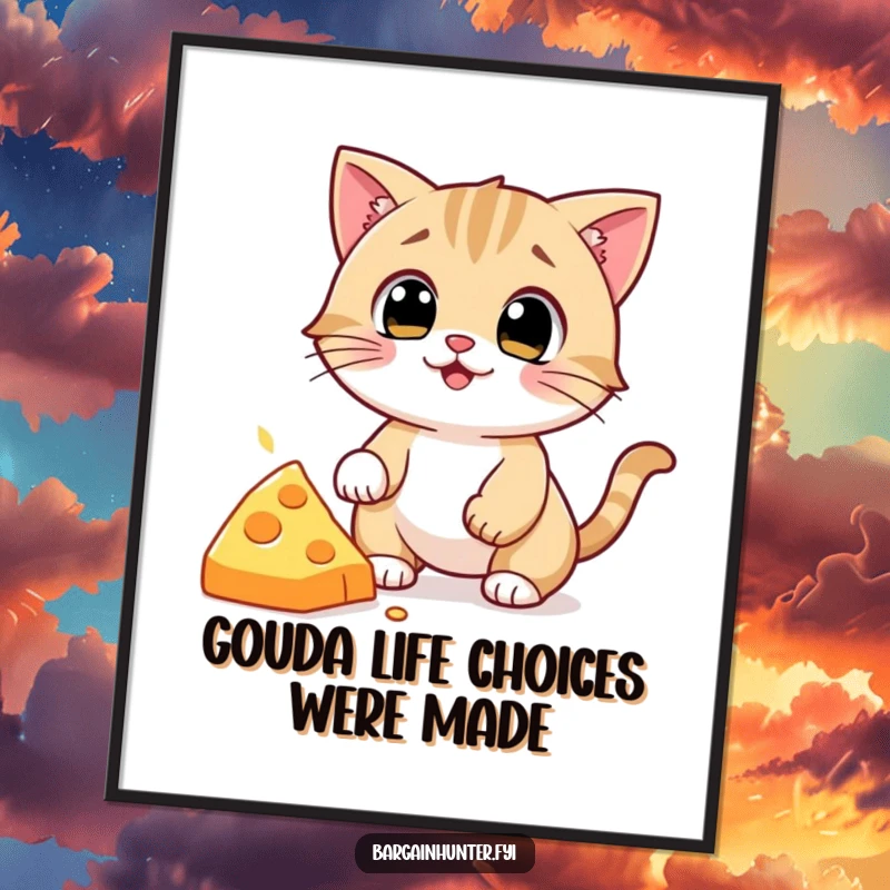 Funny free printable wall art: comical cat with wide eyes zeroing in on a dropped piece of cheese, kitchen humor.