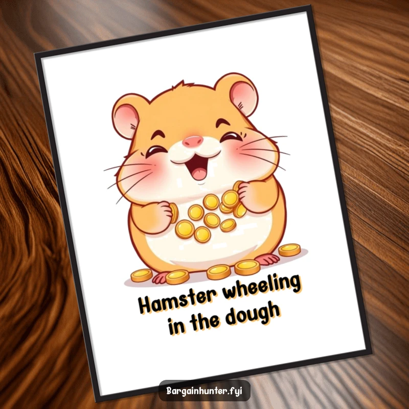 Funny Free Printable Wall Art: Smiling hamster enthusiastically filling its cheeks with tiny gold coins.