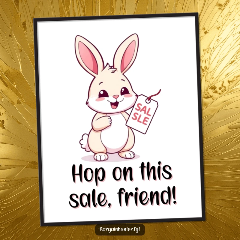 Funny Free Printable Wall Art: A cheerful rabbit looks with glee at a sale tag, celebrating a bargain.