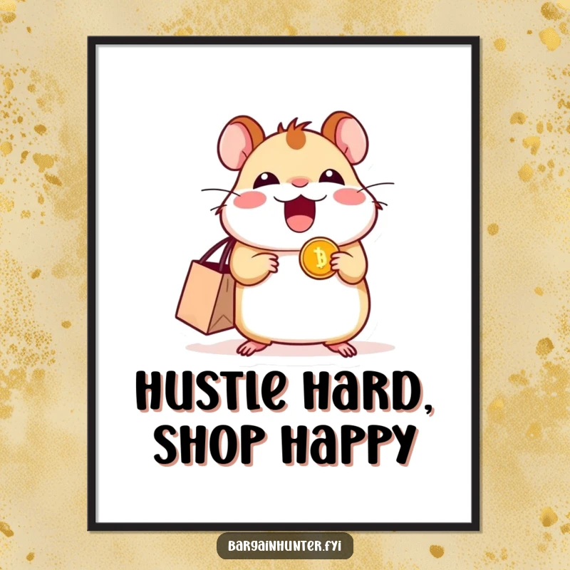 Funny Free Printable Wall Art of a small, excited hamster in a shopping bag, proudly clutching a shiny coin, symbolizing good fortune.