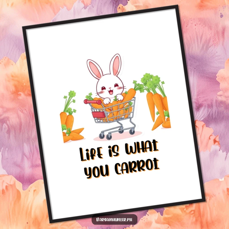 Funny Free Printable Wall Art: A cheerful rabbit beams from behind a shopping cart packed with carrots, adding whimsy.
