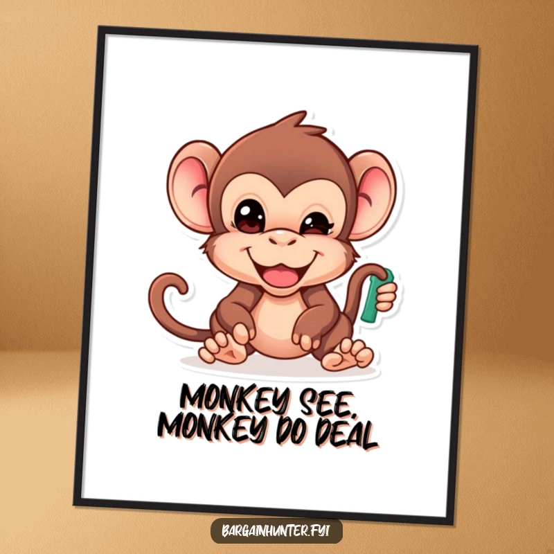Funny Free Printable Wall Art: Cheeky monkey with a focused expression, reaching for the lowest price item.