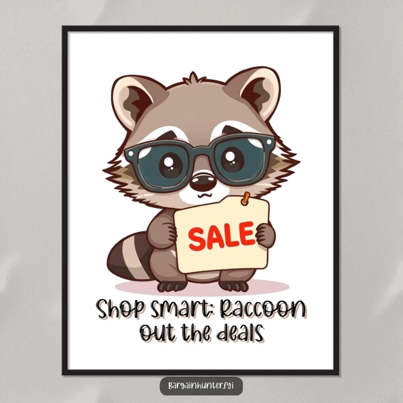Funny Free Printable Wall Art: A cute raccoon wearing large spectacles, peering intently at a sale tag with a look of discovery.