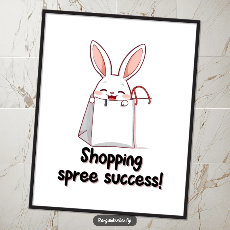 Funny Free Printable Wall Art: A joyful rabbit with big eyes peeks out of a comically large shopping bag.