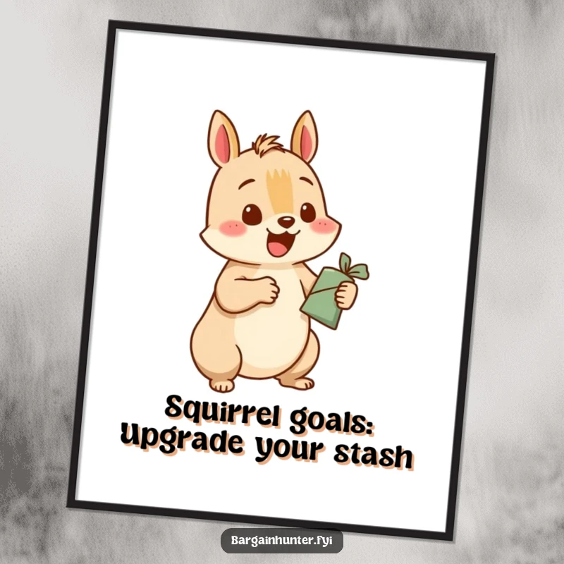 Funny Free Printable Wall Art: A happy squirrel character excitedly trading a small item for a much larger one.