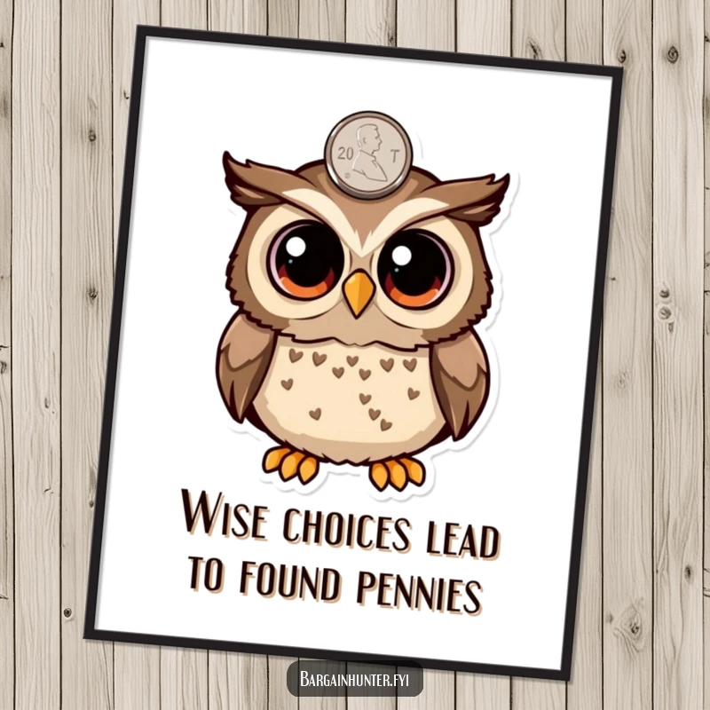 Funny Free Printable Wall Art: An owl with huge, surprised eyes focuses on a single shiny penny, creating whimsical decor.