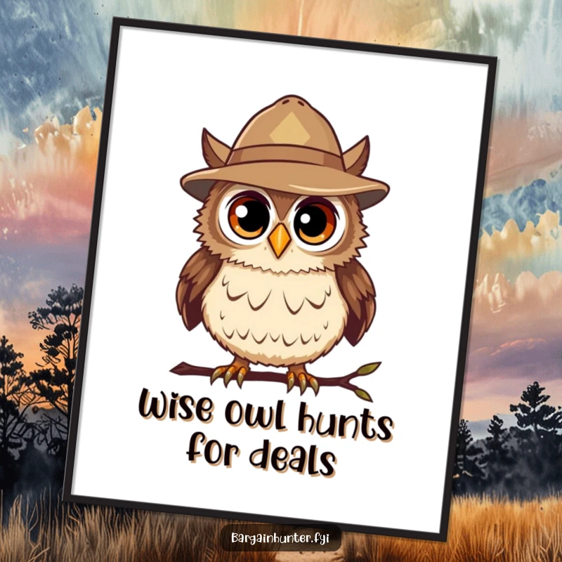 Funny Free Printable Wall Art: Curious Owl Wearing Bargain Hunter Hat, Spotting a Deal.