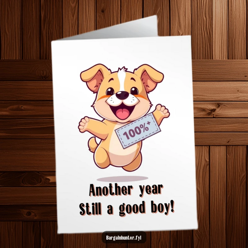 Funny Free Printable Birthday Card: Happy dog wearing a discount coupon, leaping with excitement for a fun-filled birthday.