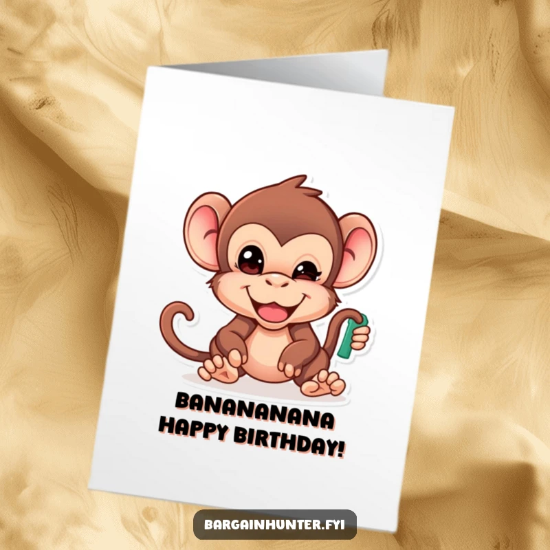Funny Free Printable Birthday Card: Cheeky monkey with determined face grabbing the cheapest item, ready to party.